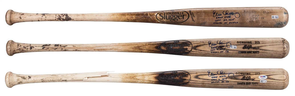 Lot of (3) 2015 Evan Longoria Game Used, Signed & Inscribed Louisville Slugger I13 Model Bats (MLB Authenticated & PSA/DNA)